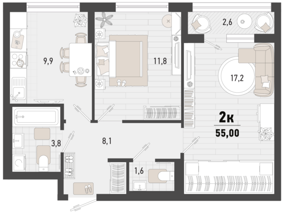 2-комнатная квартира №136 53,7 м2 от застройщика ГК ТОЧНО