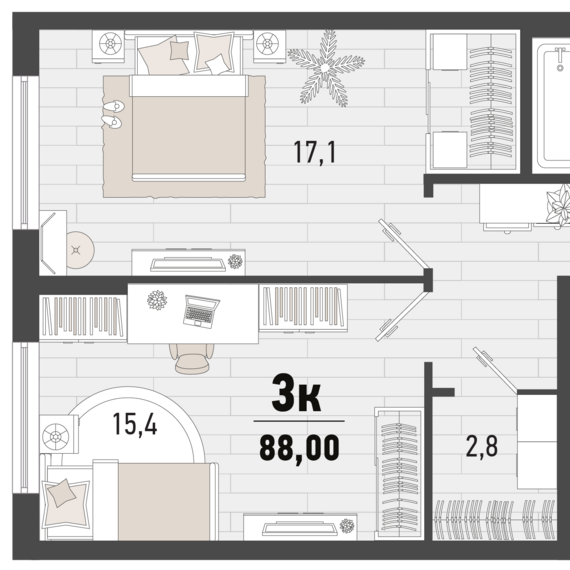 3-комнатная квартира №111 85,1 м2 от застройщика ГК ТОЧНО