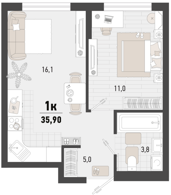 1-комнатная квартира №191 35,9 м2 от застройщика ГК ТОЧНО