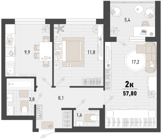 2-комнатная квартира №97 55,1 м2 от застройщика ГК ТОЧНО