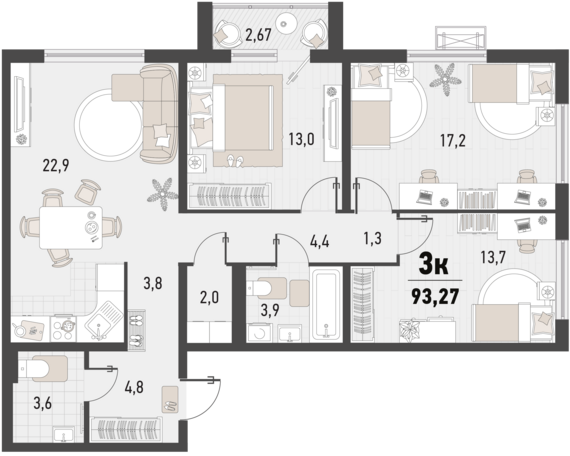 3-комнатная квартира №78 91,4 м2 от застройщика ГК ТОЧНО
