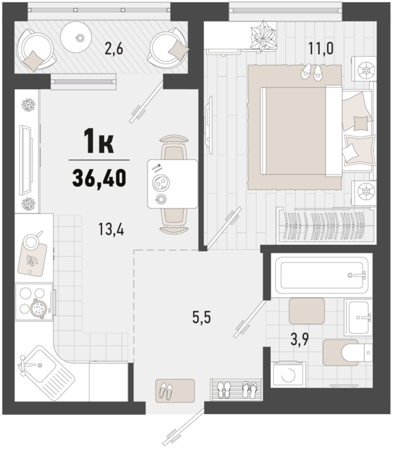 1-комнатная квартира №25 35,1 м2 от застройщика ГК ТОЧНО