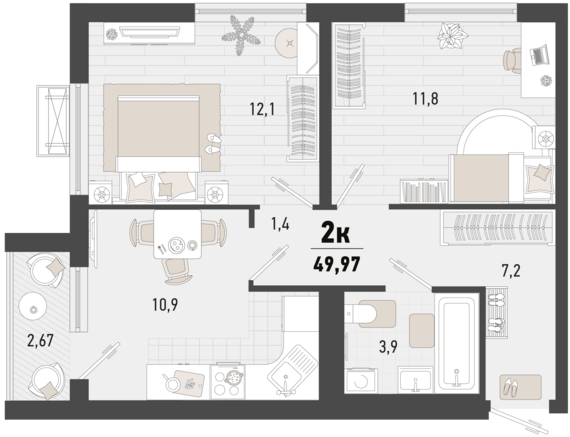 2-комнатная квартира №29 48,1 м2 от застройщика ГК ТОЧНО