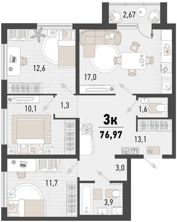 3-комнатная квартира №33 75,1 м2 от застройщика ГК ТОЧНО