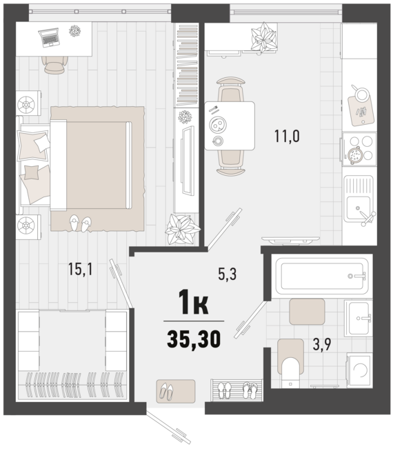 1-комнатная квартира №59 35,3 м2 от застройщика ГК ТОЧНО