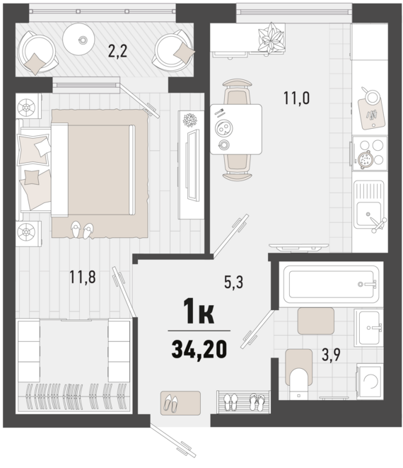 1-комнатная квартира №185 33,1 м2 от застройщика ГК ТОЧНО