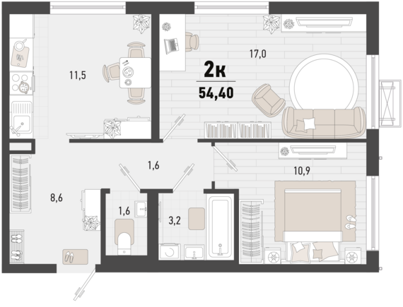 2-комнатная квартира №5 54,4 м2 от застройщика ГК ТОЧНО