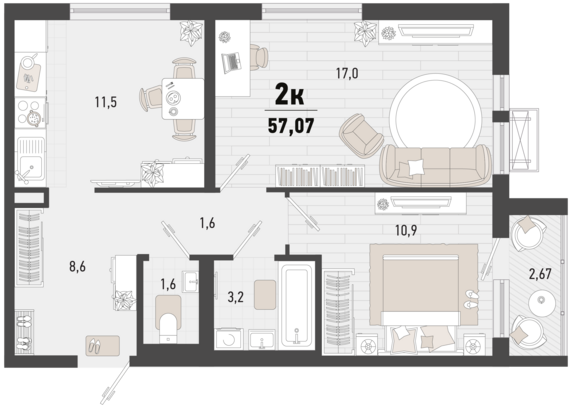 2-комнатная квартира №27 55,2 м2 от застройщика ГК ТОЧНО