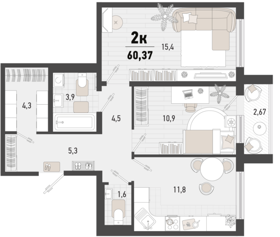 2-комнатная квартира №50 58,5 м2 от застройщика ГК ТОЧНО