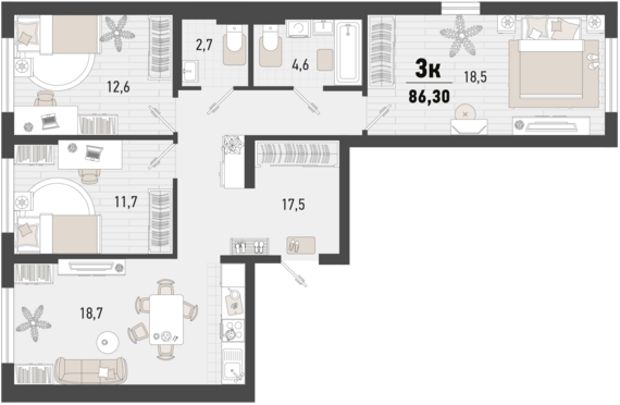 3-комнатная квартира №1 86,3 м2 от застройщика ГК ТОЧНО