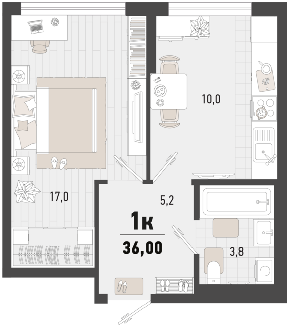 1-комнатная квартира №2 36 м2 от застройщика ГК ТОЧНО