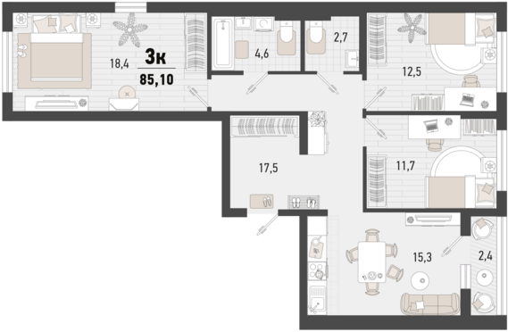 3-комнатная квартира №9 83,9 м2 от застройщика ГК ТОЧНО