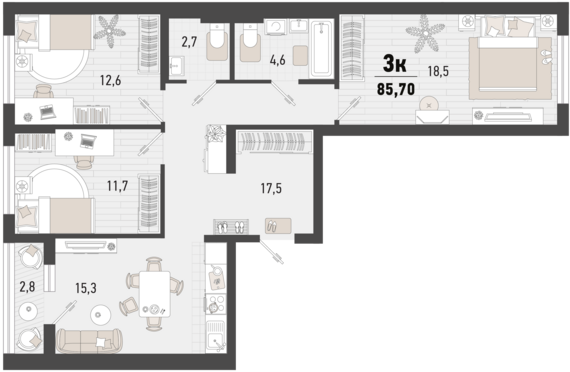 3-комнатная квартира №30 84,3 м2 от застройщика ГК ТОЧНО