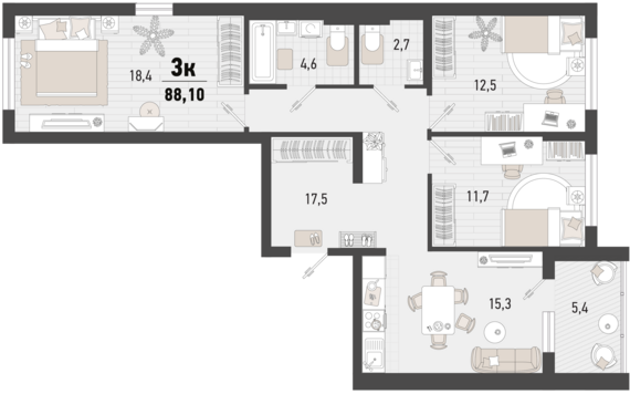 3-комнатная квартира №74 85,4 м2 от застройщика ГК ТОЧНО
