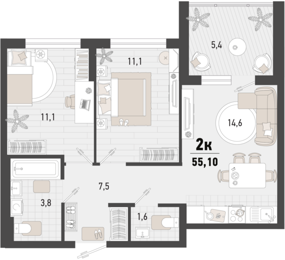 2-комнатная квартира №204 52,4 м2 от застройщика ГК ТОЧНО