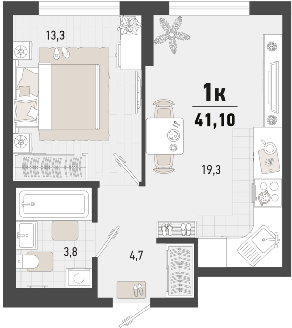 1-комнатная квартира №228 41,1 м2 от застройщика ГК ТОЧНО