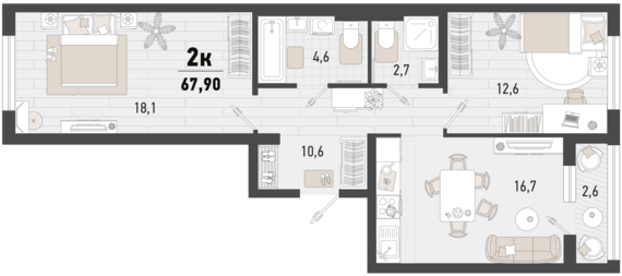 2-комнатная квартира №86 66,6 м2 от застройщика ГК ТОЧНО