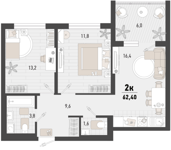 2-комнатная квартира №89 59,4 м2 от застройщика ГК ТОЧНО