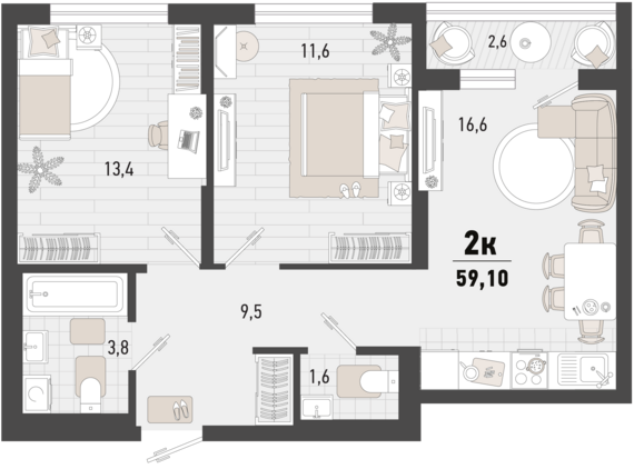 2-комнатная квартира №90 57,8 м2 от застройщика ГК ТОЧНО