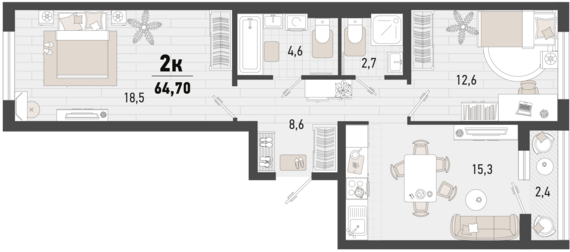 2-комнатная квартира №93 63,5 м2 от застройщика ГК ТОЧНО