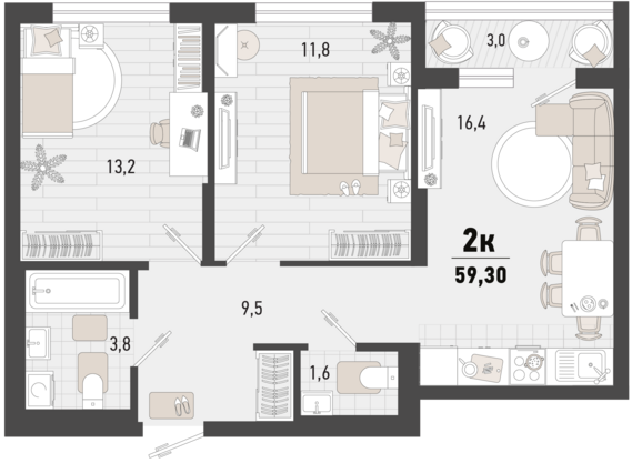 2-комнатная квартира №232 57,8 м2 от застройщика ГК ТОЧНО
