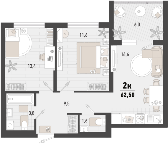 2-комнатная квартира №233 59,5 м2 от застройщика ГК ТОЧНО