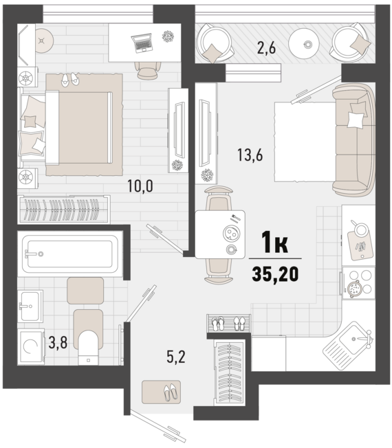 1-комнатная квартира №190 33,9 м2 от застройщика ГК ТОЧНО