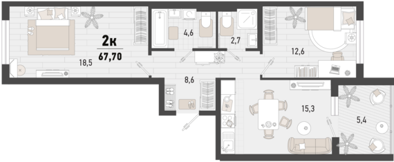 2-комнатная квартира №214 65 м2 от застройщика ГК ТОЧНО