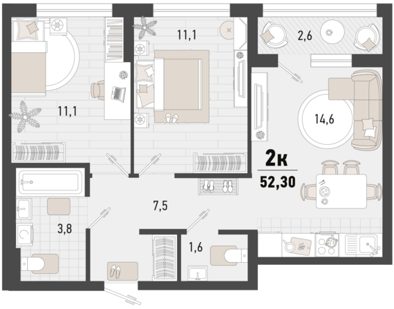 2-комнатная квартира №215 51 м2 от застройщика ГК ТОЧНО