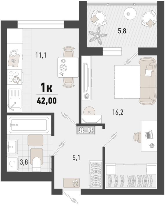 1-комнатная квартира №194 39,1 м2 от застройщика ГК ТОЧНО