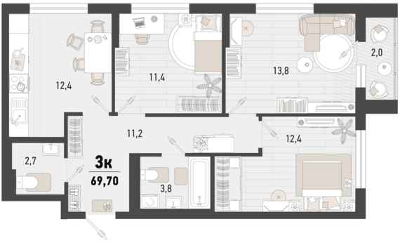 3-комнатная квартира №230 68,3 м2 от застройщика ГК ТОЧНО