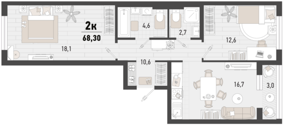 2-комнатная квартира №196 66,8 м2 от застройщика ГК ТОЧНО