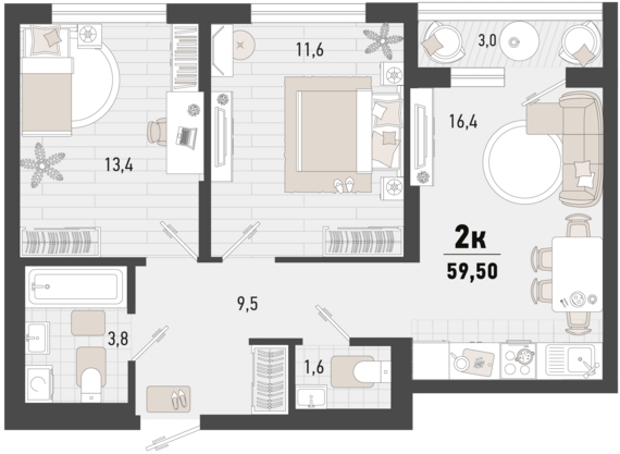 2-комнатная квартира №156 58 м2 от застройщика ГК ТОЧНО