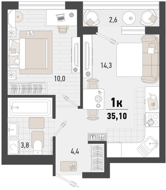 1-комнатная квартира №202 33,8 м2 от застройщика ГК ТОЧНО