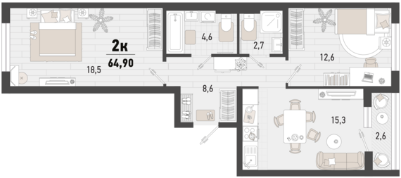 2-комнатная квартира №225 63,6 м2 от застройщика ГК ТОЧНО