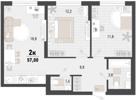 2-комнатная квартира №240 57 м2 от застройщика ГК ТОЧНО