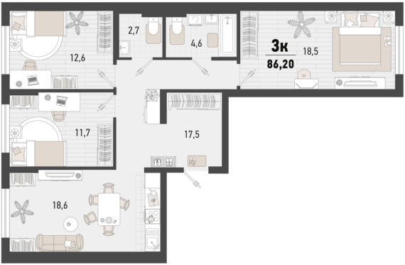 3-комнатная квартира №241 86,2 м2 от застройщика ГК ТОЧНО