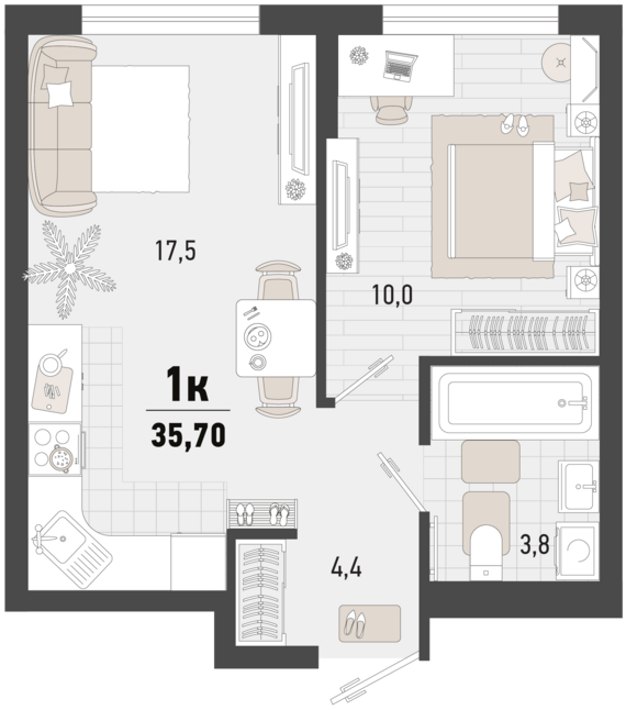 1-комнатная квартира №242 35,7 м2 от застройщика ГК ТОЧНО