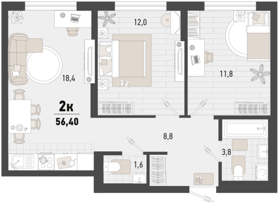 2-комнатная квартира №243 56,4 м2 от застройщика ГК ТОЧНО