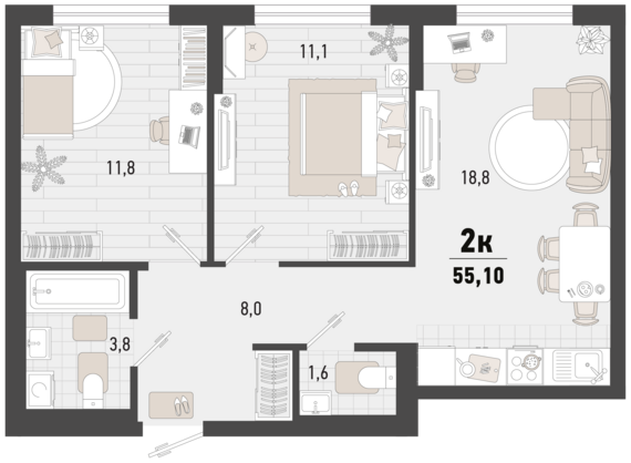 2-комнатная квартира №247 55,1 м2 от застройщика ГК ТОЧНО