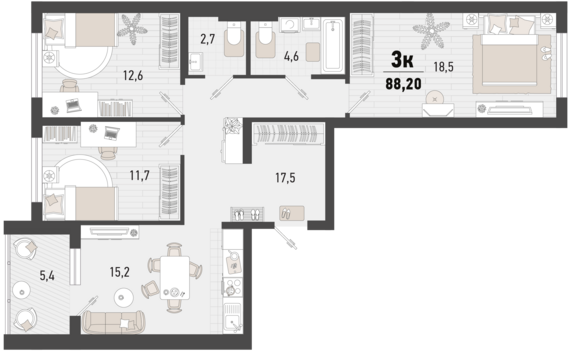 3-комнатная квартира №369 85,5 м2 от застройщика ГК ТОЧНО