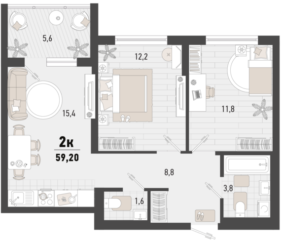 2-комнатная квартира №338 56,4 м2 от застройщика ГК ТОЧНО