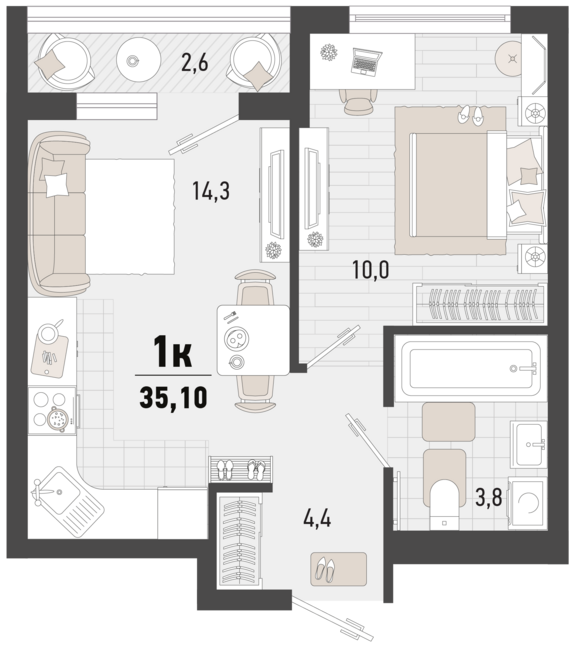 1-комнатная квартира №340 35,1 м2 от застройщика ГК ТОЧНО