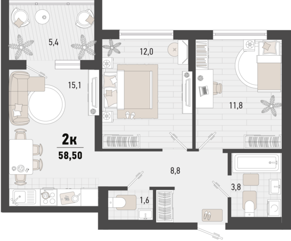 2-комнатная квартира №341 55,8 м2 от застройщика ГК ТОЧНО