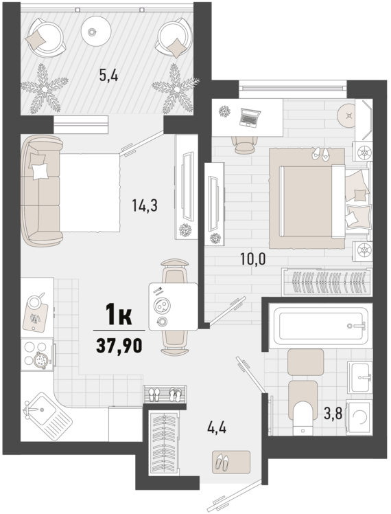 1-комнатная квартира №370 35,2 м2 от застройщика ГК ТОЧНО