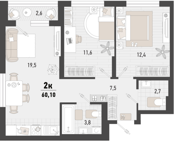 2-комнатная квартира №376 58,8 м2 от застройщика ГК ТОЧНО