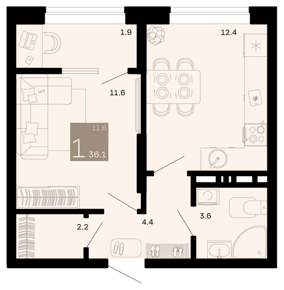 1-комнатная квартира №48 36,1 м2 от застройщика ГК ТОЧНО