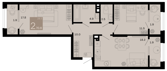 2-комнатная квартира №279 70,6 м2 от застройщика ГК ТОЧНО