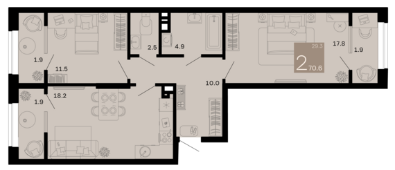 2-комнатная квартира №254 70,6 м2 от застройщика ГК ТОЧНО