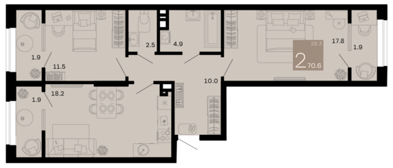 2-комнатная квартира №44 70,6 м2 от застройщика ГК ТОЧНО